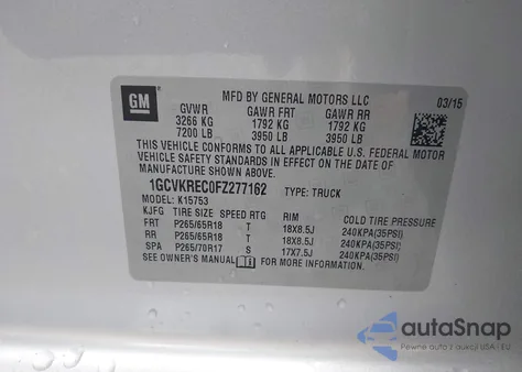 2015 Chevrolet Silverado K1500 Lt z USA, uszkodzony, nr VIN 1GCVKREC0FZ277162